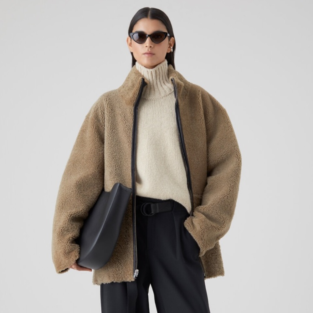 Closed reversible zip front sheepskin shearling leather jacket coat black tan